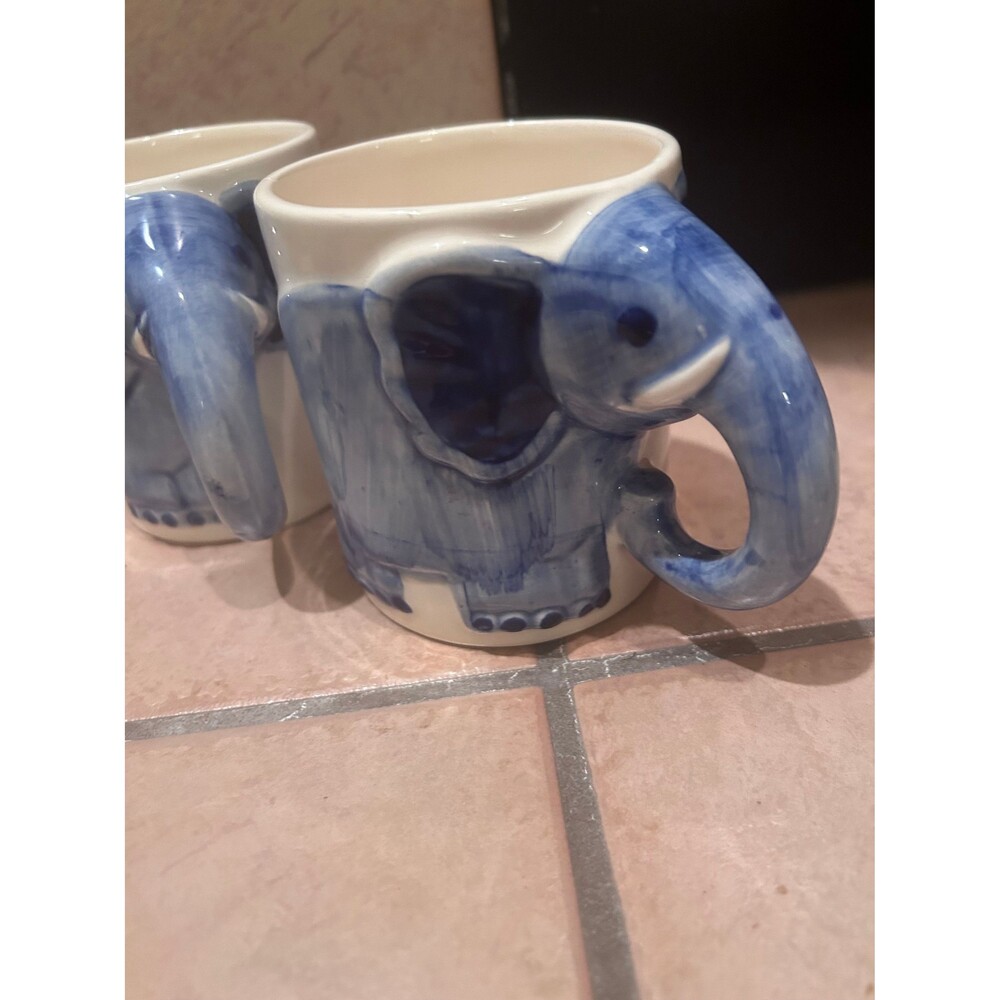 Delft Blue Vintage Elephant Mugs, Hand Painted With Trunk Handle Set of 4 Rare